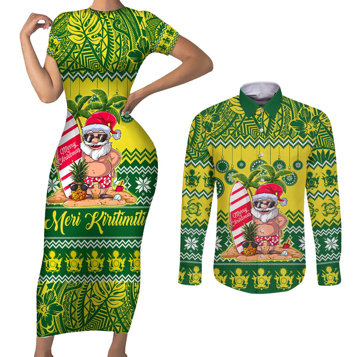 Personalised Cook Islands Christmas Couples Matching Short Sleeve Bodycon Dress and Long Sleeve Button Shirt Santa Beach Meri Kiritimiti LT9 Green - Polynesian Pride