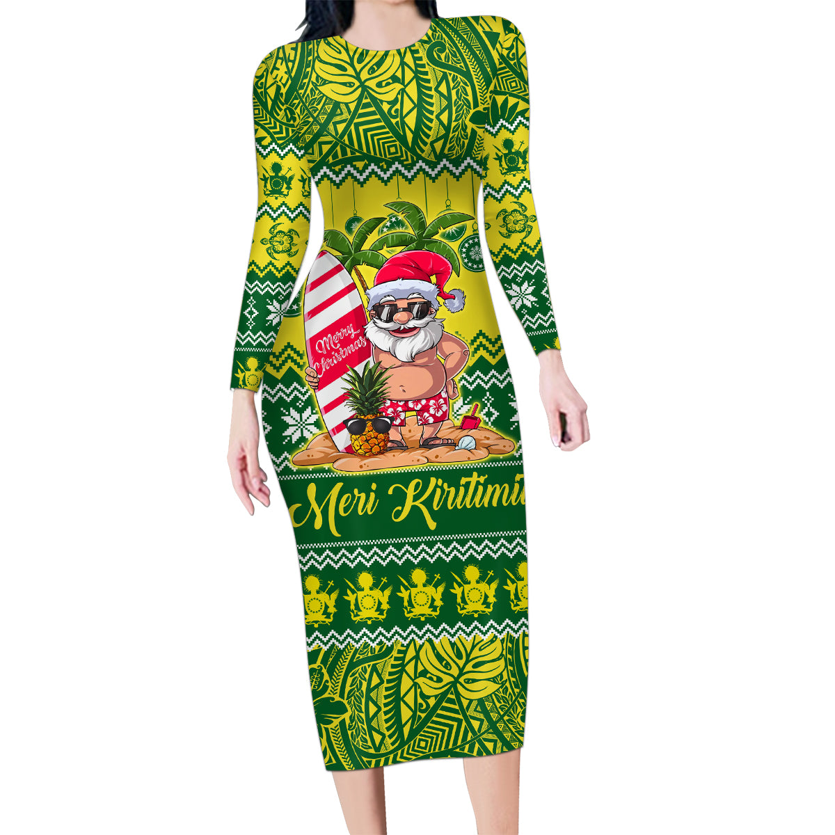 Personalised Cook Islands Christmas Family Matching Long Sleeve Bodycon Dress and Hawaiian Shirt Santa Beach Meri Kiritimiti LT9 Mom's Dress Green - Polynesian Pride