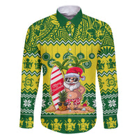 Personalised Cook Islands Christmas Family Matching Puletasi Dress and Hawaiian Shirt Santa Beach Meri Kiritimiti LT9 Dad's Shirt - Long Sleeve Green - Polynesian Pride