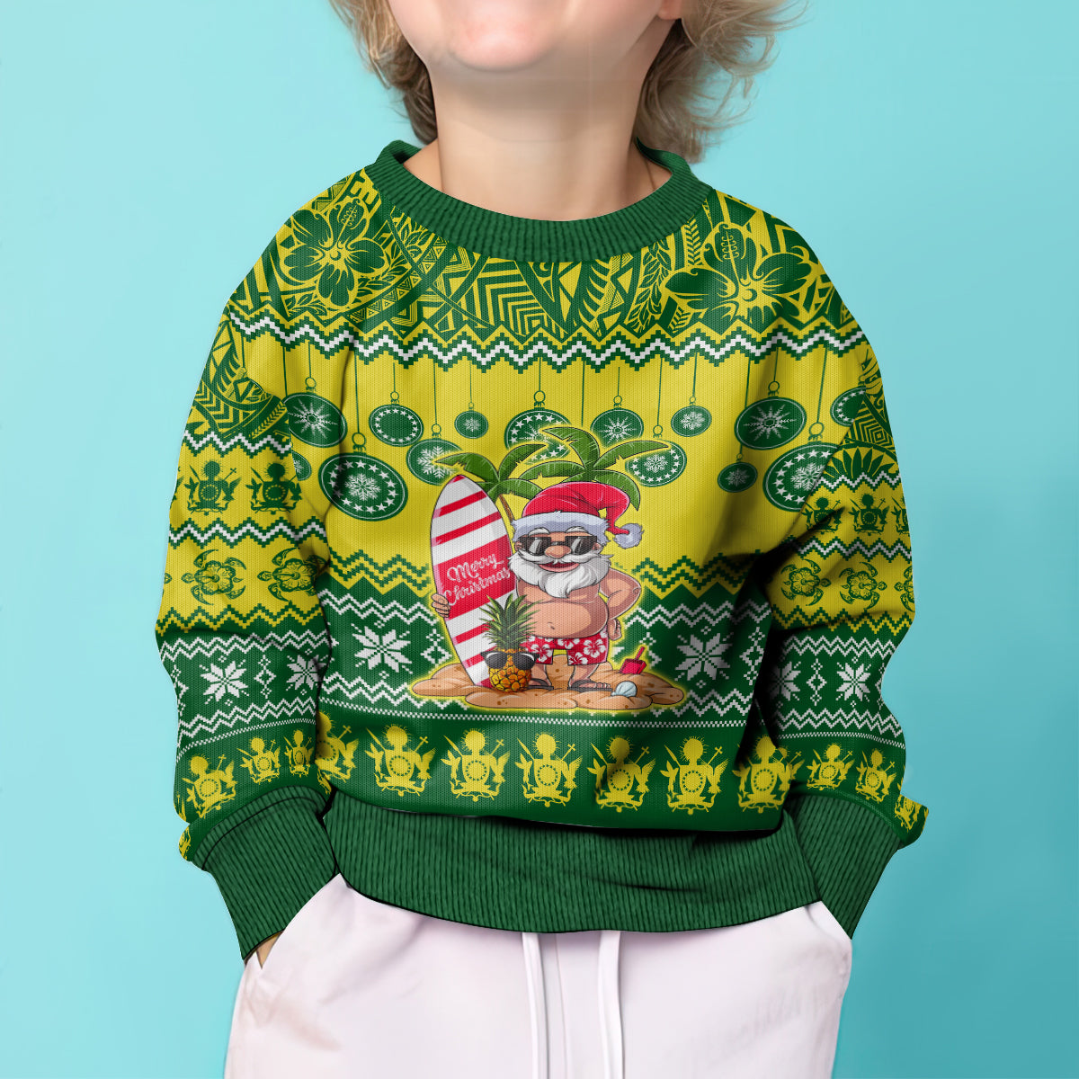 Personalised Cook Islands Christmas Kid Ugly Christmas Sweater Santa Beach Meri Kiritimiti LT9 - Polynesian Pride