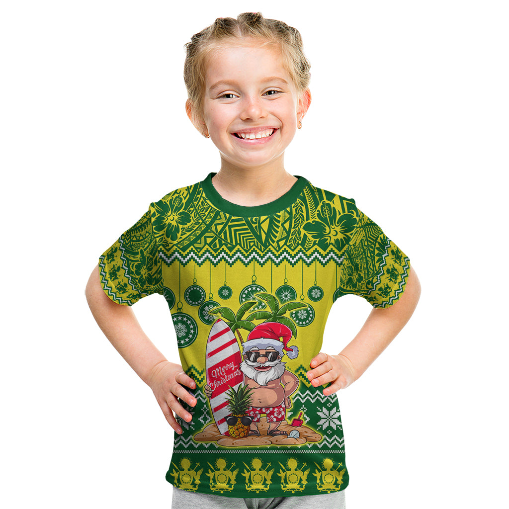 Personalised Cook Islands Christmas Kid T Shirt Santa Beach Meri Kiritimiti LT9 Green - Polynesian Pride