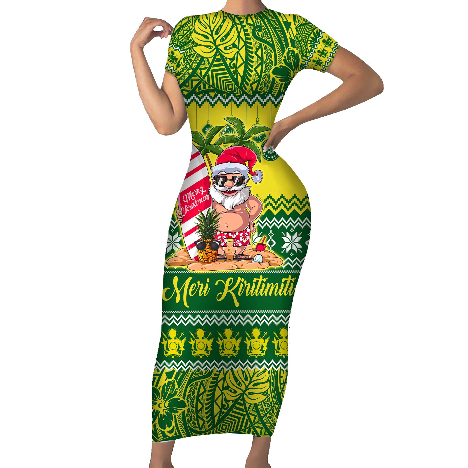 Personalised Cook Islands Christmas Short Sleeve Bodycon Dress Santa Beach Meri Kiritimiti LT9 Long Dress Green - Polynesian Pride