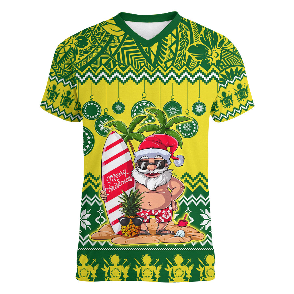 Personalised Cook Islands Christmas Women V Neck T Shirt Santa Beach Meri Kiritimiti LT9 Female Green - Polynesian Pride