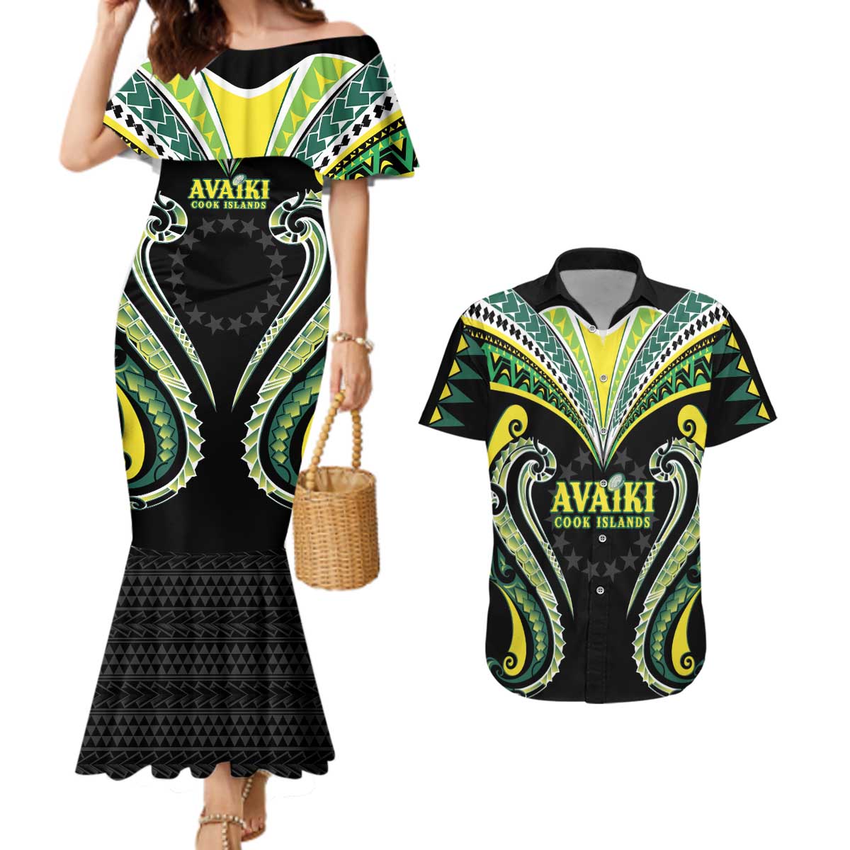 Custom Rugby Cook Islands Avaiki Couples Matching Mermaid Dress and Hawaiian Shirt Black Kuki Airani Tribal Maori Inspired LT9 Black - Polynesian Pride