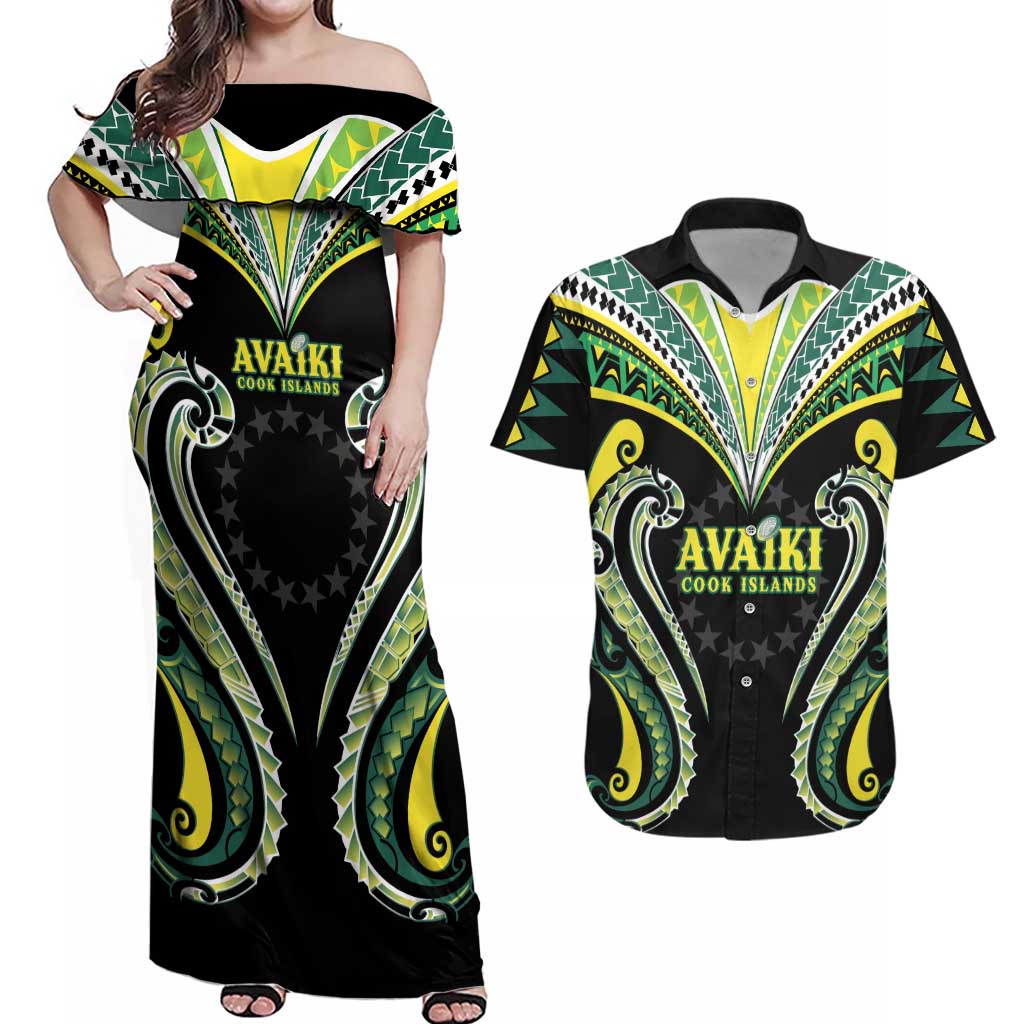 Custom Rugby Cook Islands Avaiki Couples Matching Off Shoulder Maxi Dress and Hawaiian Shirt Black Kuki Airani Tribal Maori Inspired - Polynesian Pride