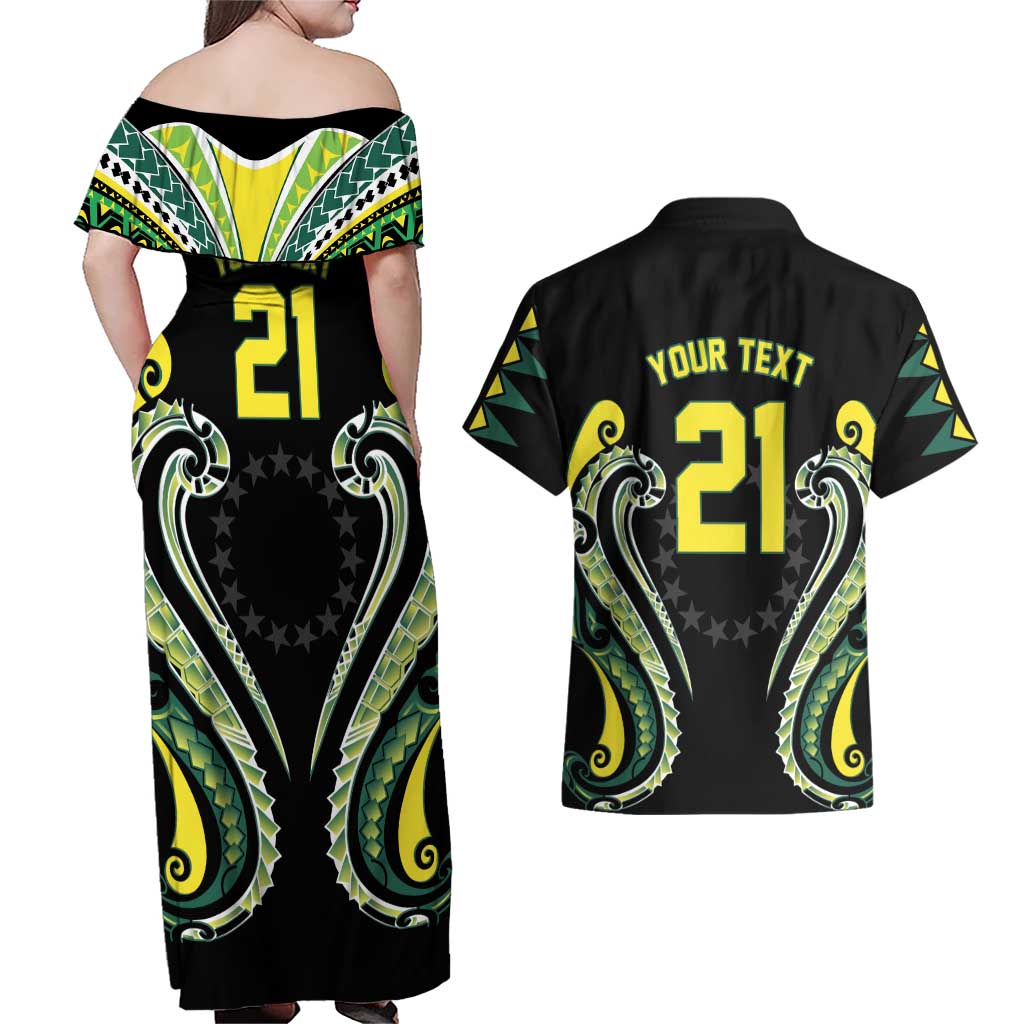 Custom Rugby Cook Islands Avaiki Couples Matching Off Shoulder Maxi Dress and Hawaiian Shirt Black Kuki Airani Tribal Maori Inspired LT9 - Polynesian Pride
