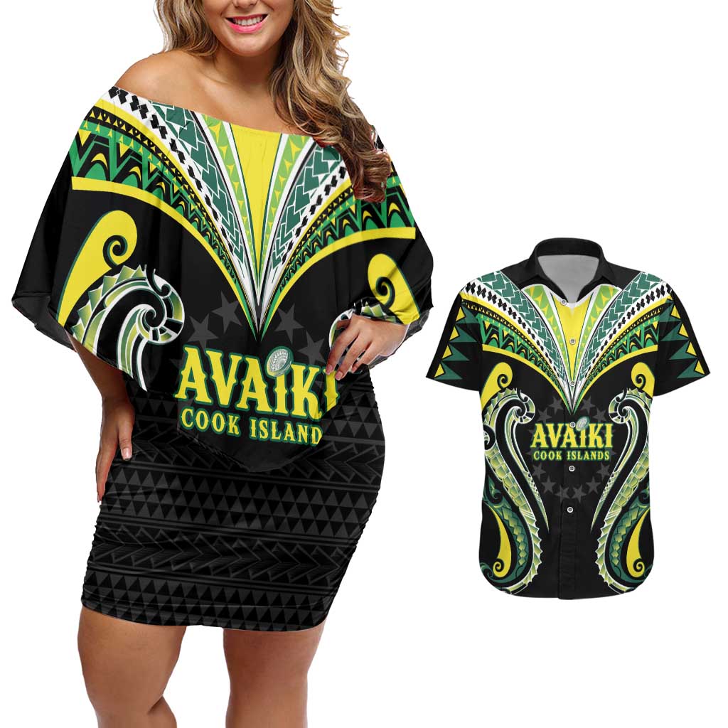 Custom Rugby Cook Islands Avaiki Couples Matching Off Shoulder Short Dress and Hawaiian Shirt Black Kuki Airani Tribal Maori Inspired LT9 Black - Polynesian Pride