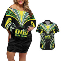 Custom Rugby Cook Islands Avaiki Couples Matching Off Shoulder Short Dress and Hawaiian Shirt Black Kuki Airani Tribal Maori Inspired LT9 Black - Polynesian Pride