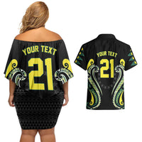 Custom Rugby Cook Islands Avaiki Couples Matching Off Shoulder Short Dress and Hawaiian Shirt Black Kuki Airani Tribal Maori Inspired LT9 - Polynesian Pride