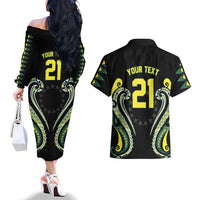 Custom Rugby Cook Islands Avaiki Couples Matching Off The Shoulder Long Sleeve Dress and Hawaiian Shirt Black Kuki Airani Tribal Maori Inspired LT9 - Polynesian Pride