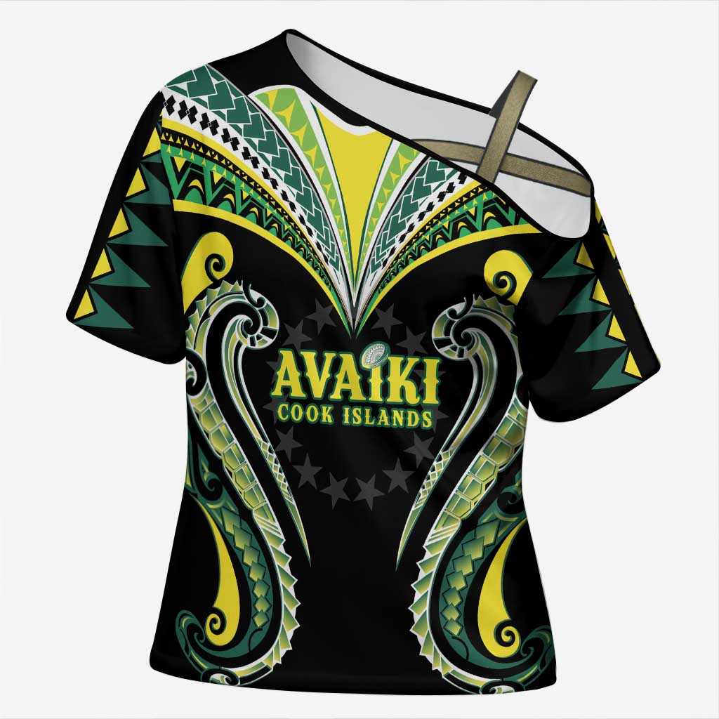 Custom Rugby Cook Islands Avaiki Cross Shoulder Shirt Black Kuki Airani Tribal Maori Inspired - Polynesian Pride