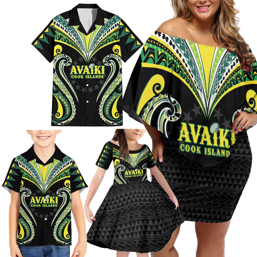 Custom Rugby Cook Islands Avaiki Family Matching Off Shoulder Short Dress and Hawaiian Shirt Black Kuki Airani Tribal Maori Inspired - Polynesian Pride