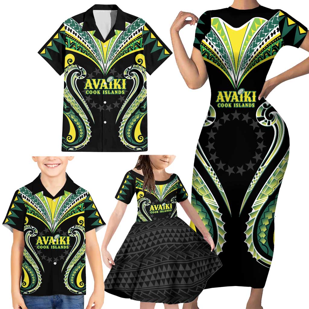Custom Rugby Cook Islands Avaiki Family Matching Short Sleeve Bodycon Dress and Hawaiian Shirt Black Kuki Airani Tribal Maori Inspired - Polynesian Pride
