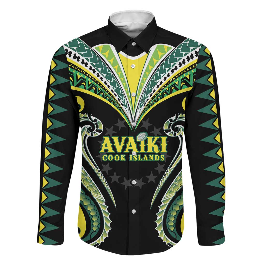 Custom Rugby Cook Islands Avaiki Family Matching Tank Maxi Dress and Hawaiian Shirt Black Kuki Airani Tribal Maori Inspired LT9 Dad's Shirt - Long Sleeve Black - Polynesian Pride