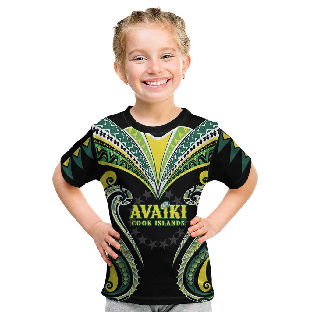 Custom Rugby Cook Islands Avaiki Kid T Shirt Black Kuki Airani Tribal Maori Inspired LT9 Black - Polynesian Pride