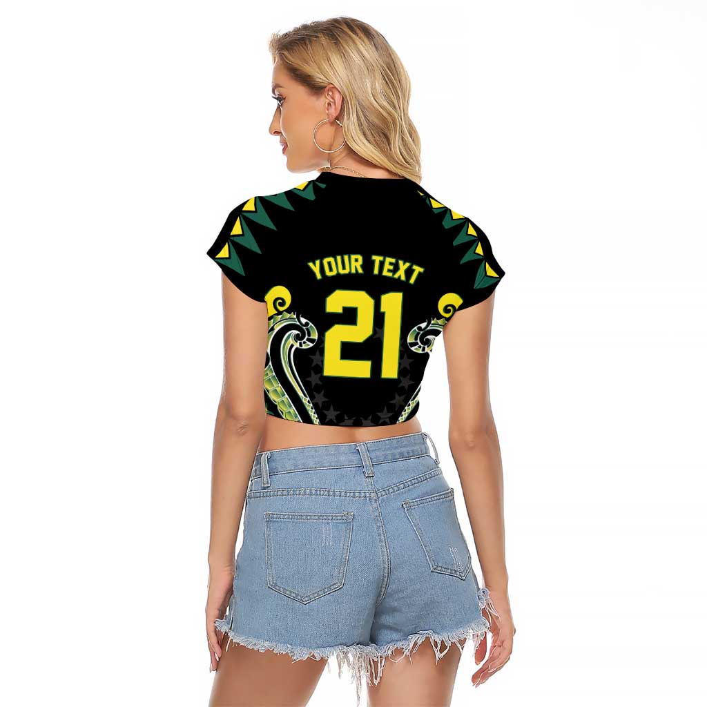 Custom Rugby Cook Islands Avaiki Raglan Cropped T Shirt Black Kuki Airani Tribal Maori Inspired - Polynesian Pride