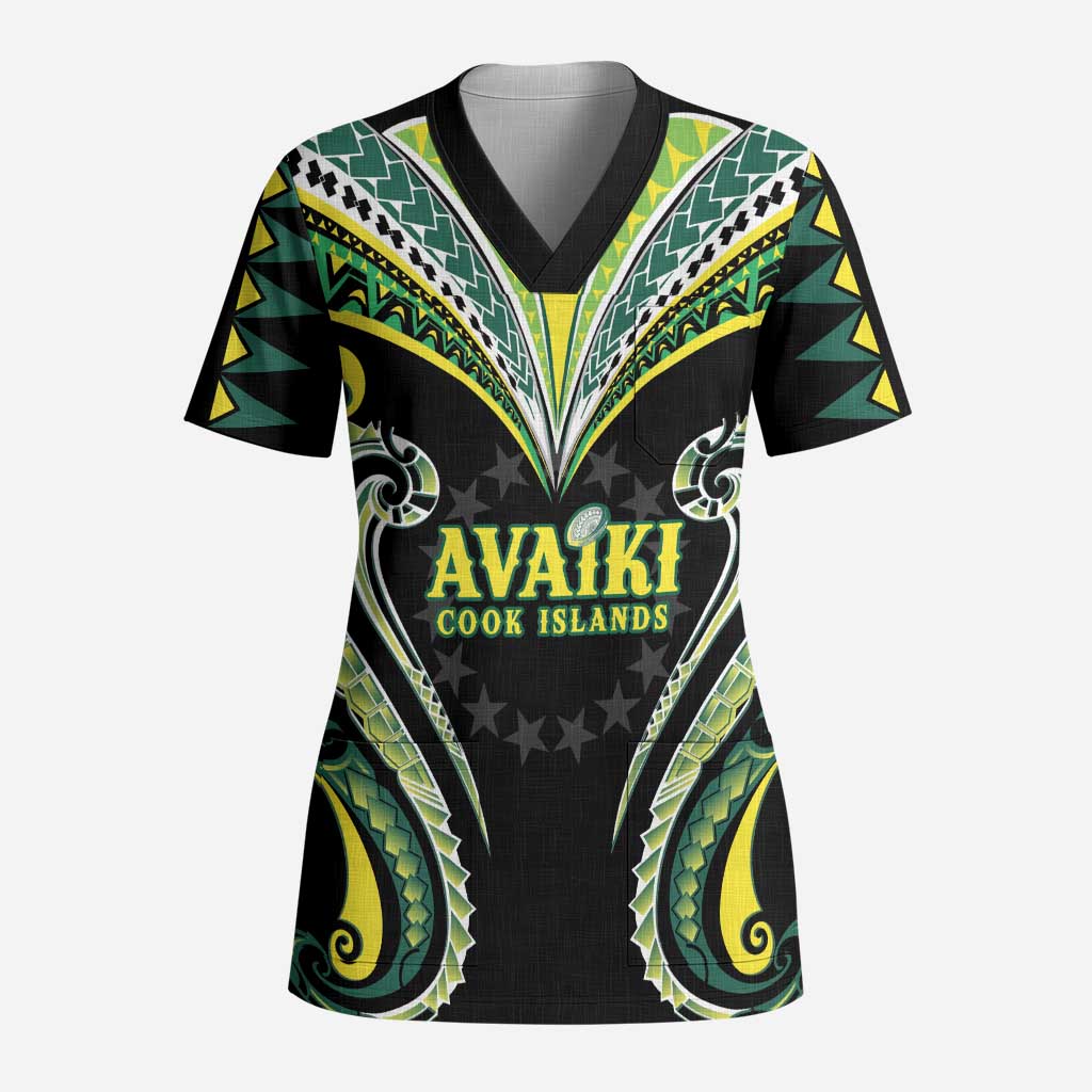 Custom Rugby Cook Islands Avaiki Scrub Top Black Kuki Airani Tribal Maori Inspired LT9 Adult Black - Polynesian Pride