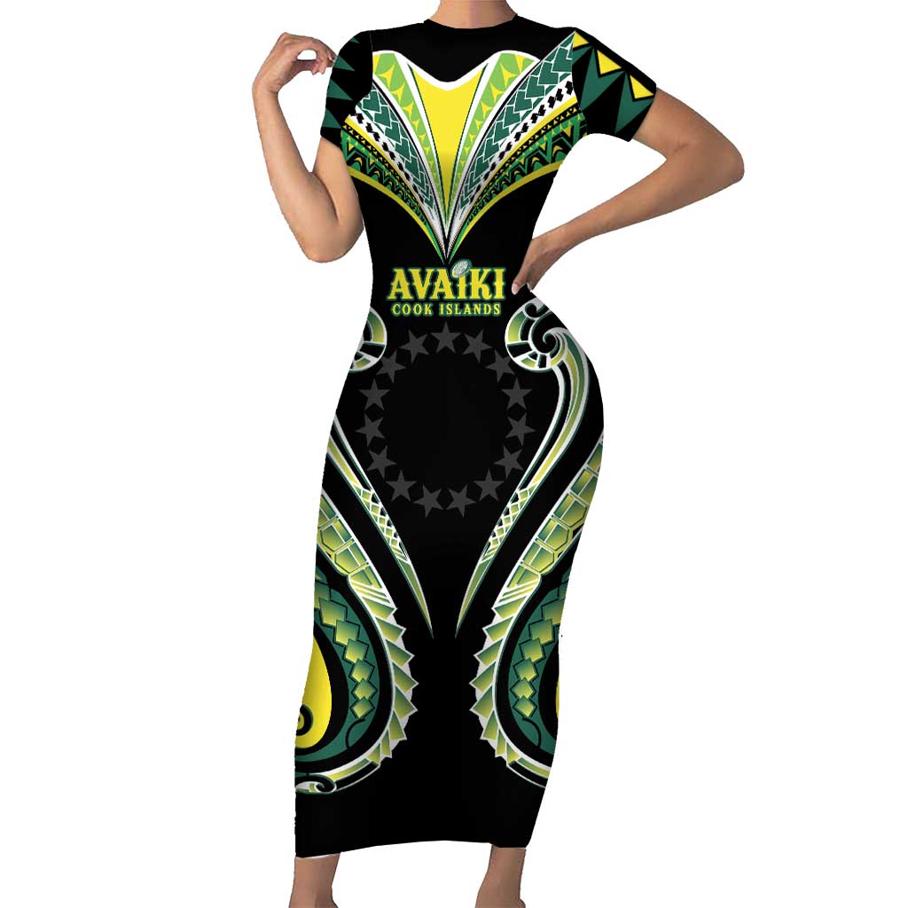 Custom Rugby Cook Islands Avaiki Short Sleeve Bodycon Dress Black Kuki Airani Tribal Maori Inspired LT9 Long Dress Black - Polynesian Pride
