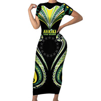 Custom Rugby Cook Islands Avaiki Short Sleeve Bodycon Dress Black Kuki Airani Tribal Maori Inspired LT9 Long Dress Black - Polynesian Pride