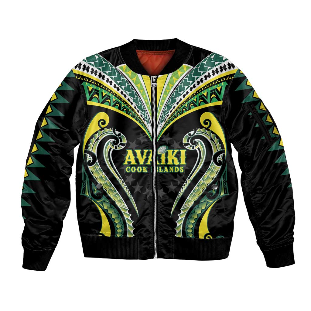 Custom Rugby Cook Islands Avaiki Sleeve Zip Bomber Jacket Black Kuki Airani Tribal Maori Inspired LT9 Unisex Black - Polynesian Pride