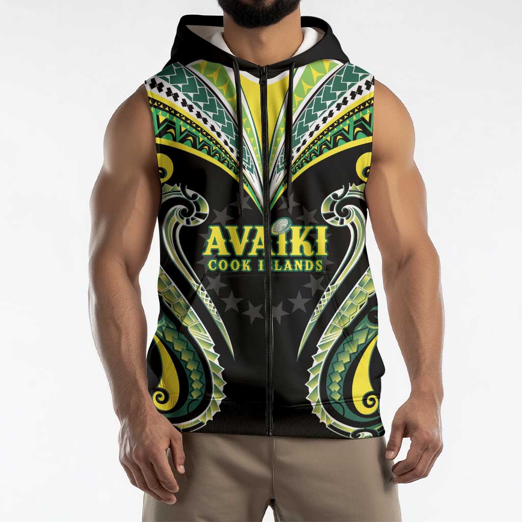 Custom Rugby Cook Islands Avaiki Sleeveless Zip Hoodie Black Kuki Airani Tribal Maori Inspired LT9 - Polynesian Pride