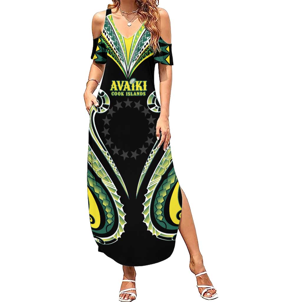 Custom Rugby Cook Islands Avaiki Summer Maxi Dress Black Kuki Airani Tribal Maori Inspired - Polynesian Pride