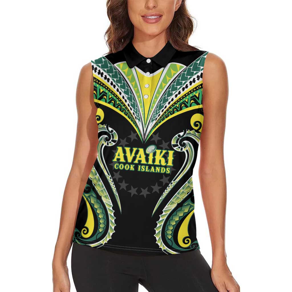 Custom Rugby Cook Islands Avaiki Women Sleeveless Polo Shirt Black Kuki Airani Tribal Maori Inspired LT9 - Polynesian Pride