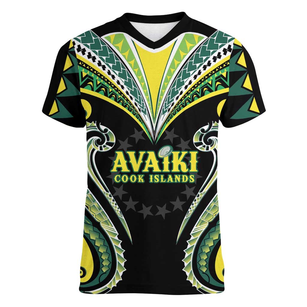 Custom Rugby Cook Islands Avaiki Women V-Neck T-Shirt Black Kuki Airani Tribal Maori Inspired - Polynesian Pride