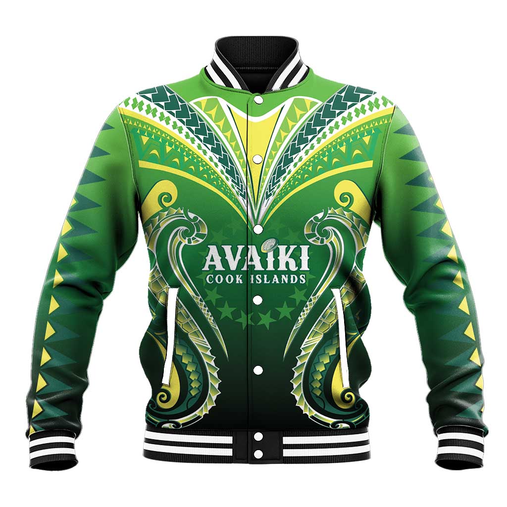 Custom Rugby Cook Islands Avaiki Baseball Jacket Green Kuki Airani Tribal Maori Inspired LT9 Unisex Green - Polynesian Pride