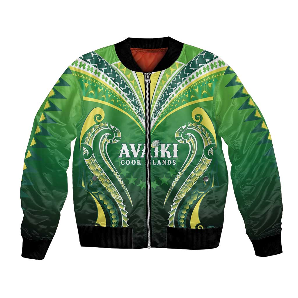 Custom Rugby Cook Islands Avaiki Bomber Jacket Green Kuki Airani Tribal Maori Inspired LT9 Unisex Green - Polynesian Pride