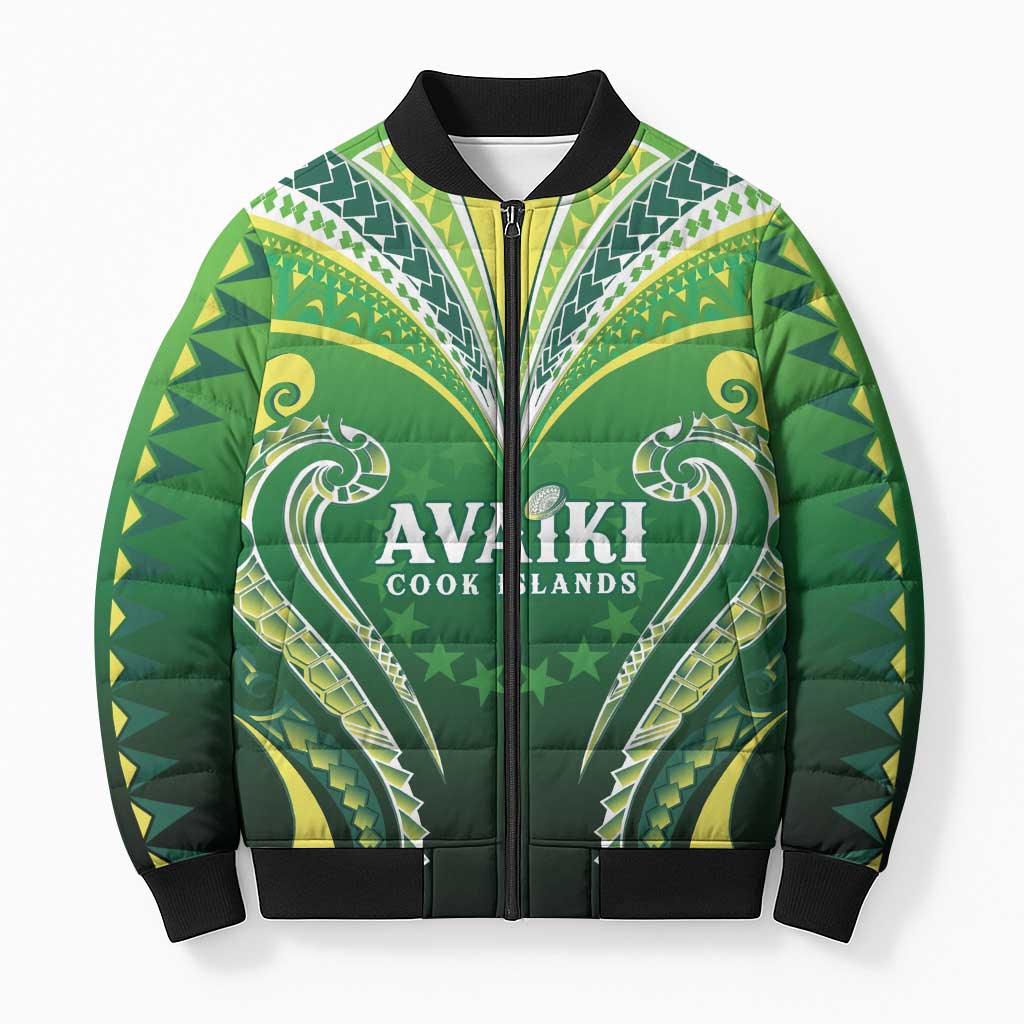 Custom Rugby Cook Islands Avaiki Bomber Puffer Jacket Green Kuki Airani Tribal Maori Inspired LT9 Unisex Green - Polynesian Pride