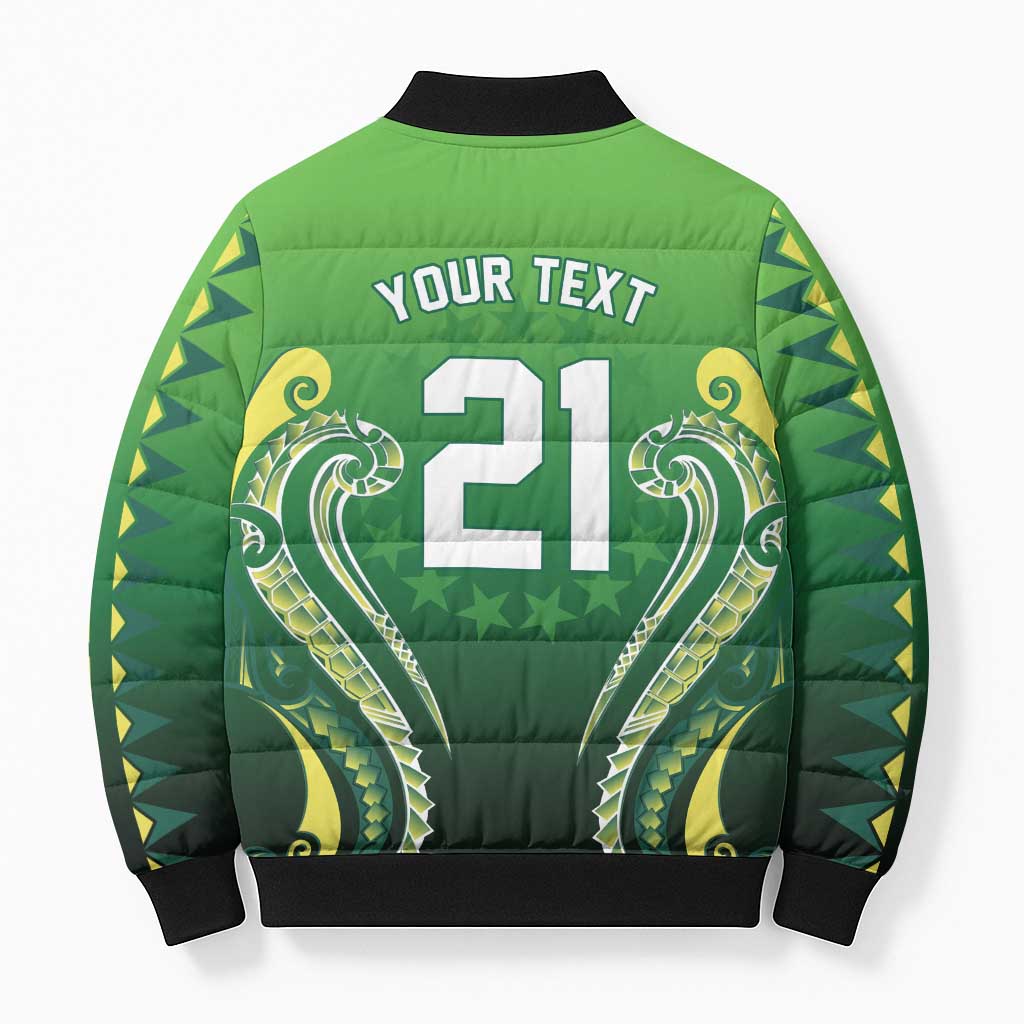 Custom Rugby Cook Islands Avaiki Bomber Puffer Jacket Green Kuki Airani Tribal Maori Inspired LT9 - Polynesian Pride