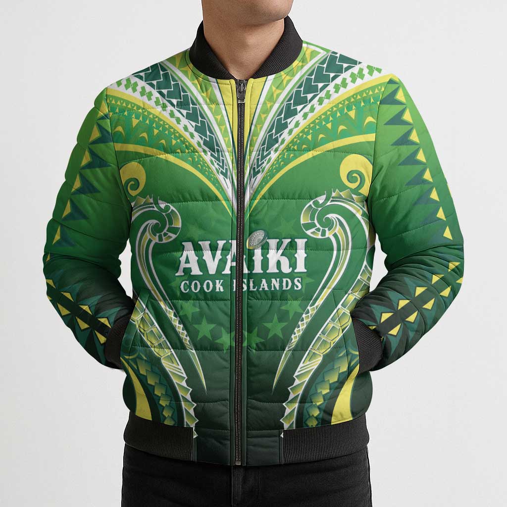 Custom Rugby Cook Islands Avaiki Bomber Puffer Jacket Green Kuki Airani Tribal Maori Inspired LT9 - Polynesian Pride