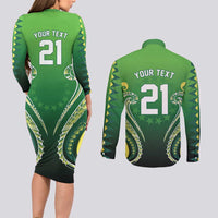 Custom Rugby Cook Islands Avaiki Couples Matching Long Sleeve Bodycon Dress and Long Sleeve Button Shirt Green Kuki Airani Tribal Maori Inspired LT9 - Polynesian Pride