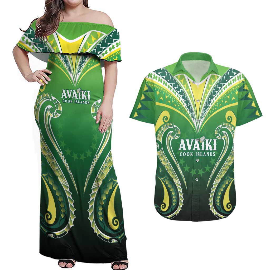 Custom Rugby Cook Islands Avaiki Couples Matching Off Shoulder Maxi Dress and Hawaiian Shirt Green Kuki Airani Tribal Maori Inspired - Polynesian Pride