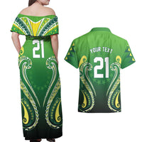 Custom Rugby Cook Islands Avaiki Couples Matching Off Shoulder Maxi Dress and Hawaiian Shirt Green Kuki Airani Tribal Maori Inspired - Polynesian Pride