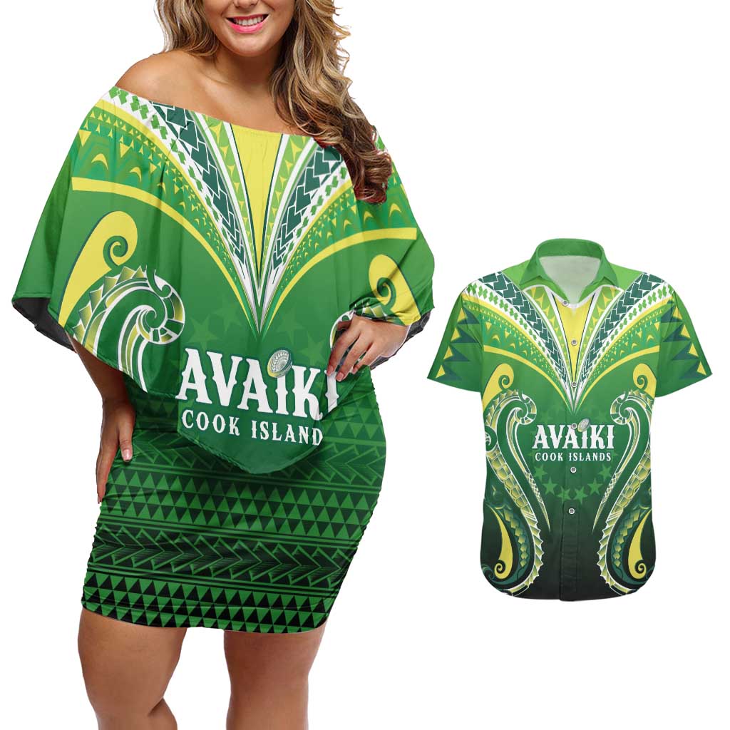 Custom Rugby Cook Islands Avaiki Couples Matching Off Shoulder Short Dress and Hawaiian Shirt Green Kuki Airani Tribal Maori Inspired LT9 Green - Polynesian Pride