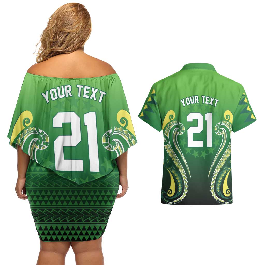 Custom Rugby Cook Islands Avaiki Couples Matching Off Shoulder Short Dress and Hawaiian Shirt Green Kuki Airani Tribal Maori Inspired LT9 - Polynesian Pride