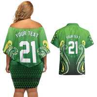 Custom Rugby Cook Islands Avaiki Couples Matching Off Shoulder Short Dress and Hawaiian Shirt Green Kuki Airani Tribal Maori Inspired LT9 - Polynesian Pride