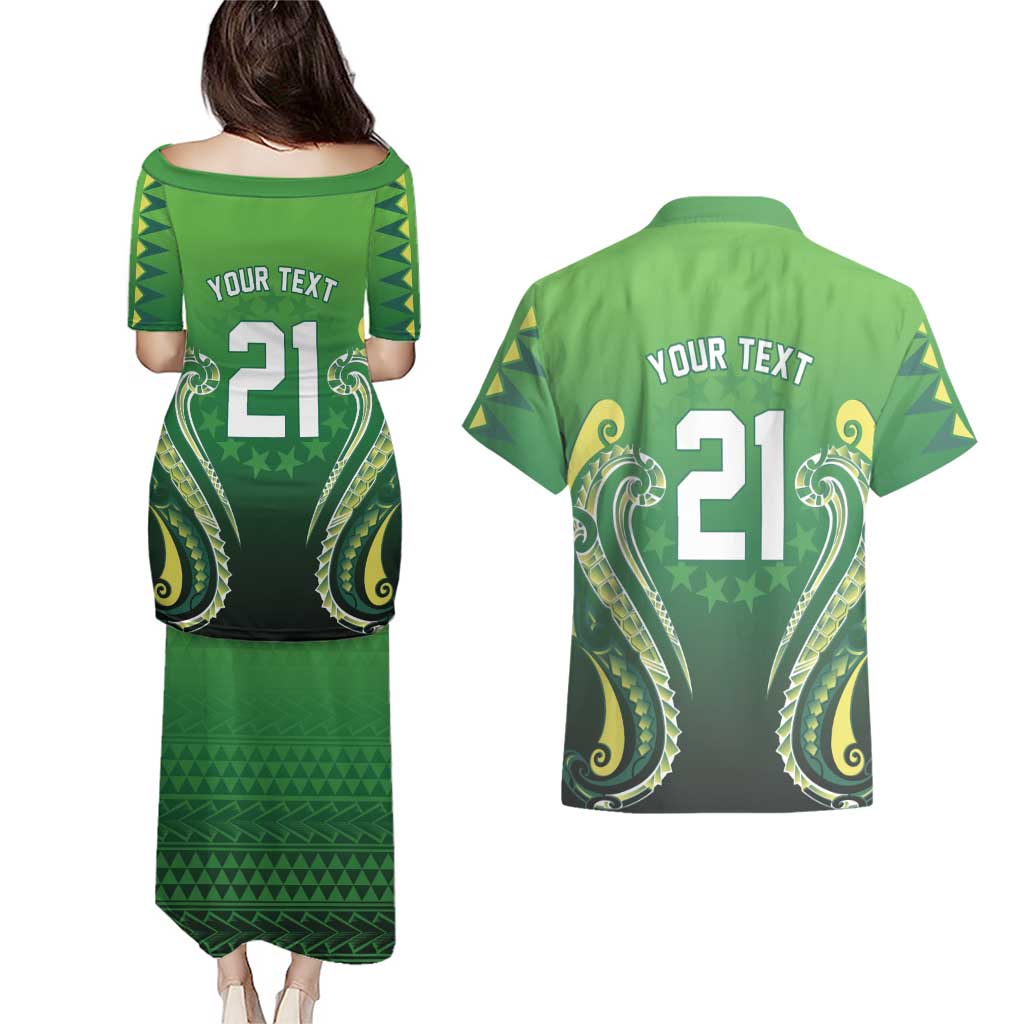 Custom Rugby Cook Islands Avaiki Couples Matching Puletasi and Hawaiian Shirt Green Kuki Airani Tribal Maori Inspired LT9 - Polynesian Pride