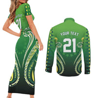 Custom Rugby Cook Islands Avaiki Couples Matching Short Sleeve Bodycon Dress and Long Sleeve Button Shirt Green Kuki Airani Tribal Maori Inspired LT9 - Polynesian Pride
