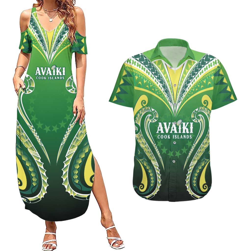 Custom Rugby Cook Islands Avaiki Couples Matching Summer Maxi Dress and Hawaiian Shirt Green Kuki Airani Tribal Maori Inspired LT9 Green - Polynesian Pride
