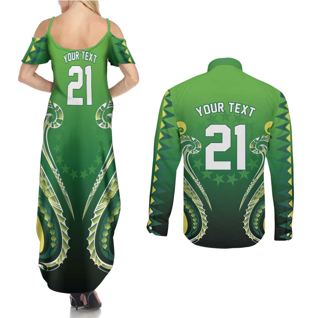 Custom Rugby Cook Islands Avaiki Couples Matching Summer Maxi Dress and Long Sleeve Button Shirt Green Kuki Airani Tribal Maori Inspired LT9 - Polynesian Pride
