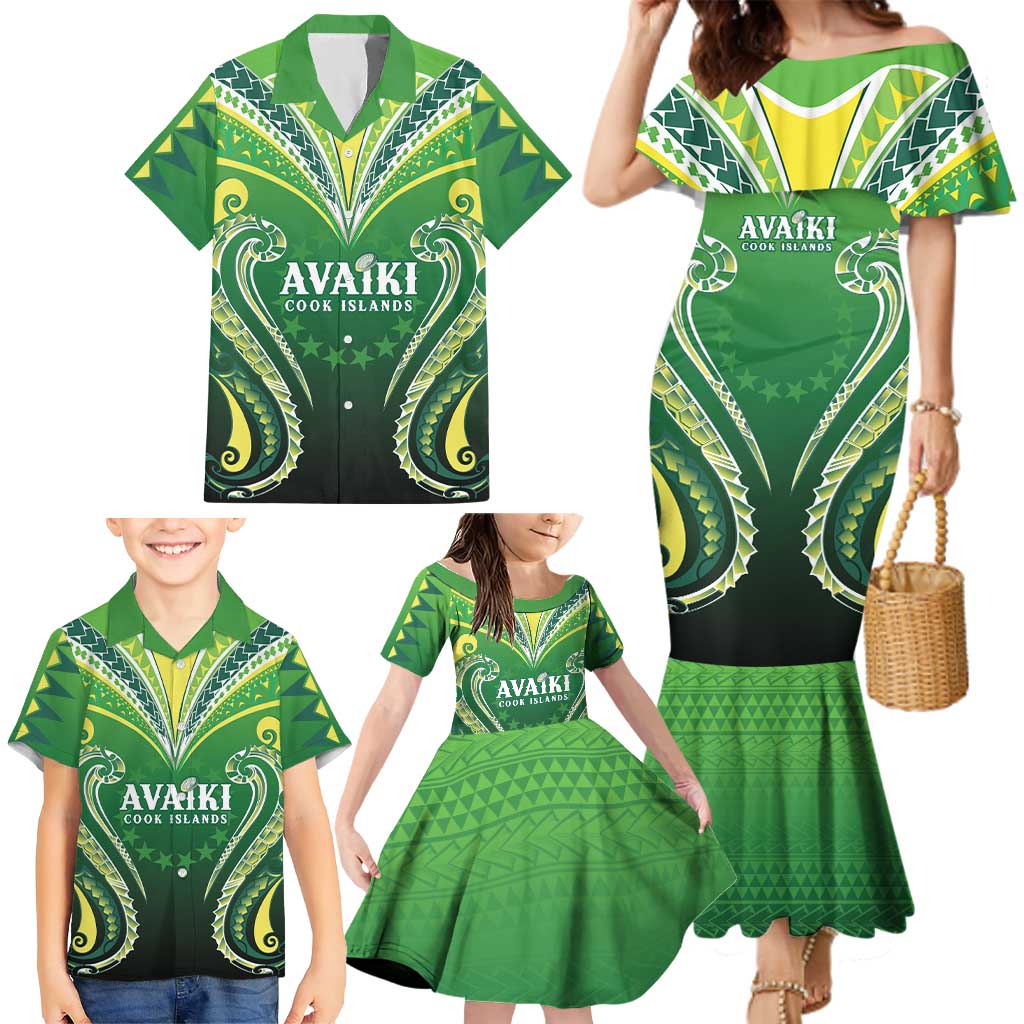 Custom Rugby Cook Islands Avaiki Family Matching Mermaid Dress and Hawaiian Shirt Green Kuki Airani Tribal Maori Inspired LT9 - Polynesian Pride