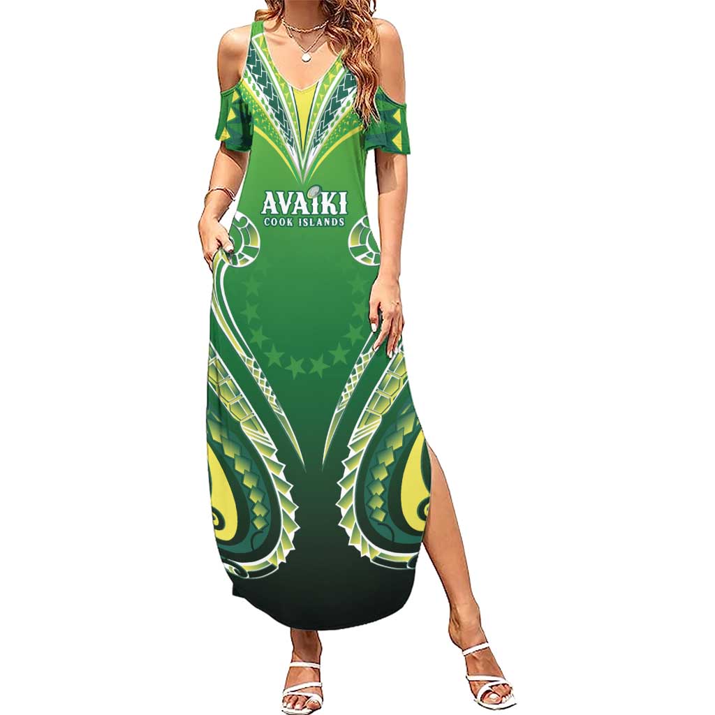 Custom Rugby Cook Islands Avaiki Family Matching Summer Maxi Dress and Hawaiian Shirt Green Kuki Airani Tribal Maori Inspired LT9 Mom's Dress Green - Polynesian Pride