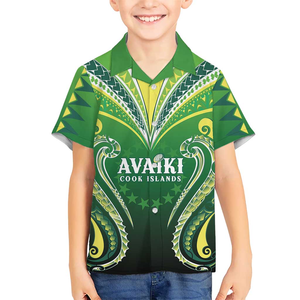 Custom Rugby Cook Islands Avaiki Kid Hawaiian Shirt Green Kuki Airani Tribal Maori Inspired - Polynesian Pride