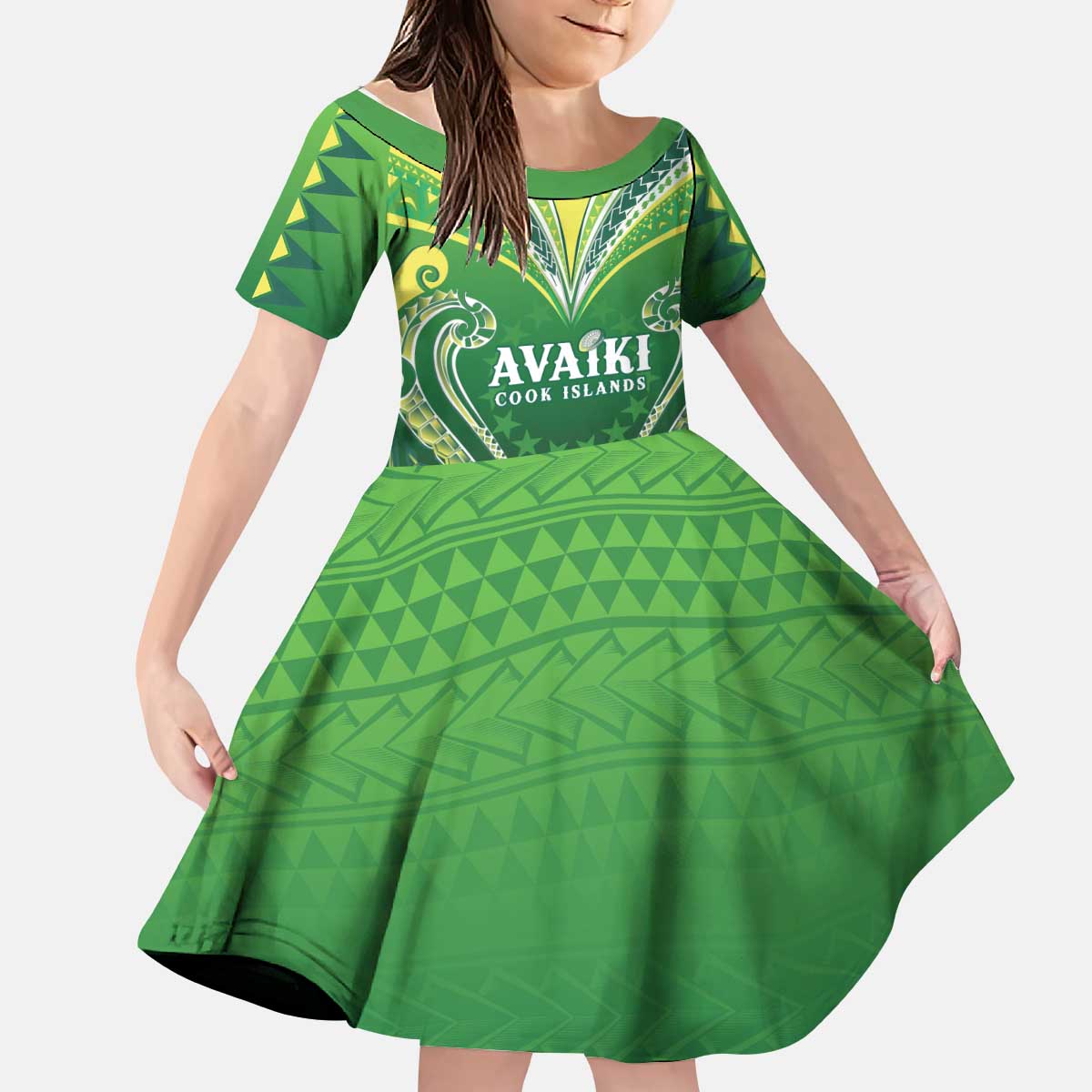 Custom Rugby Cook Islands Avaiki Kid Short Sleeve Dress Green Kuki Airani Tribal Maori Inspired LT9 KID Green - Polynesian Pride
