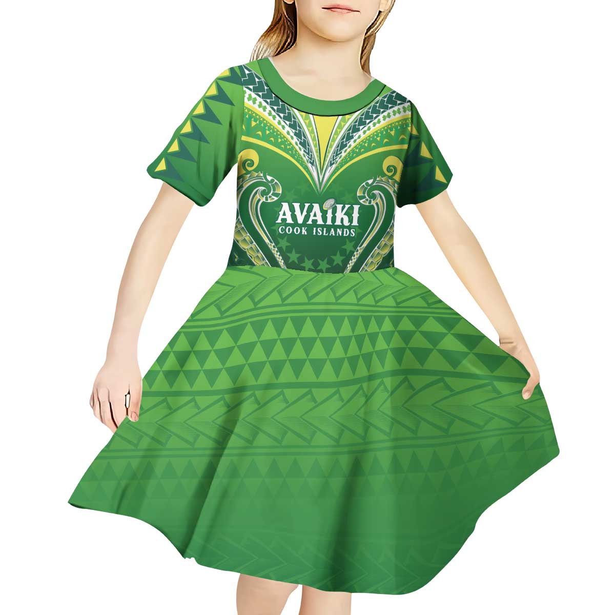 Custom Rugby Cook Islands Avaiki Kid Short Sleeve Dress Green Kuki Airani Tribal Maori Inspired LT9 - Polynesian Pride