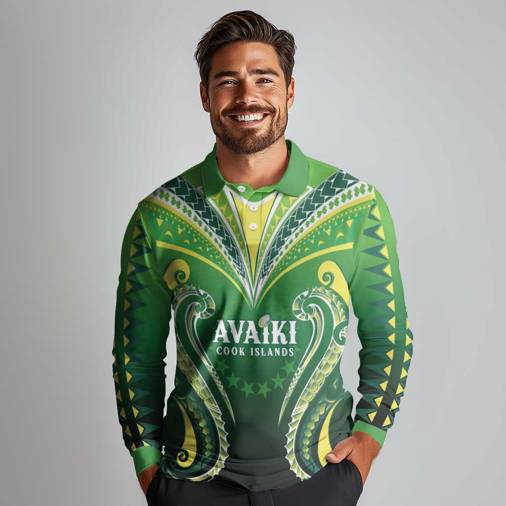 Custom Rugby Cook Islands Avaiki Long Sleeve Polo Shirt Green Kuki Airani Tribal Maori Inspired LT9 - Polynesian Pride