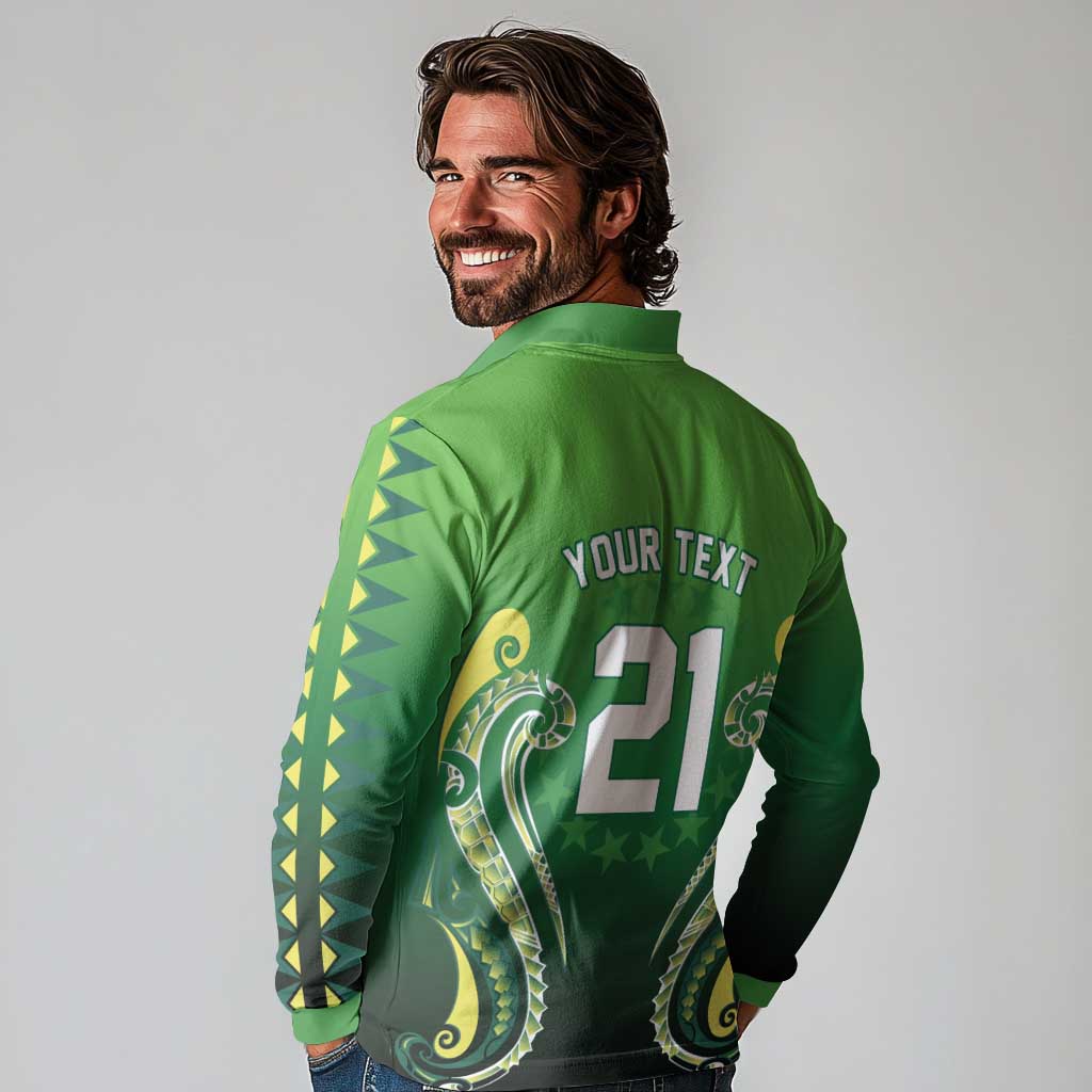Custom Rugby Cook Islands Avaiki Long Sleeve Polo Shirt Green Kuki Airani Tribal Maori Inspired LT9 - Polynesian Pride